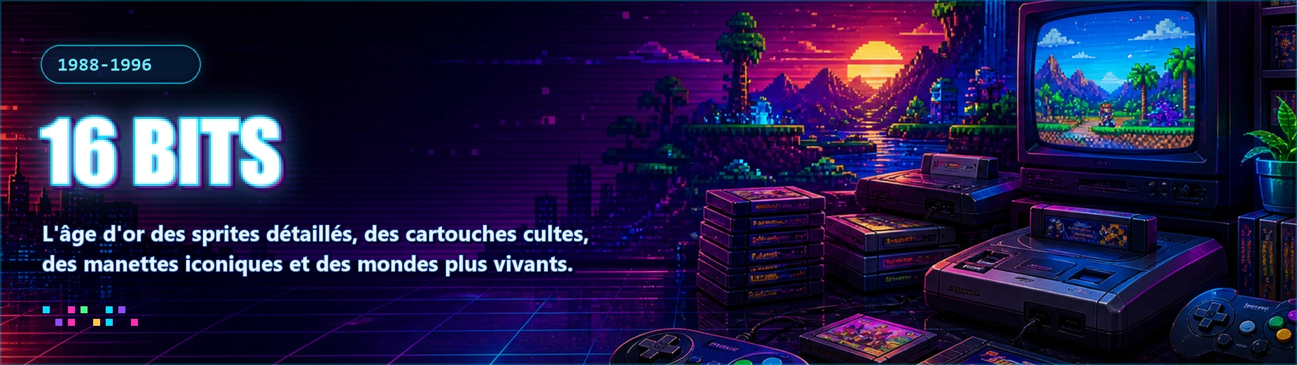 Bannière Génération 16 bits : Mega Drive, Super Nintendo, Neo Geo AES et Mega CD